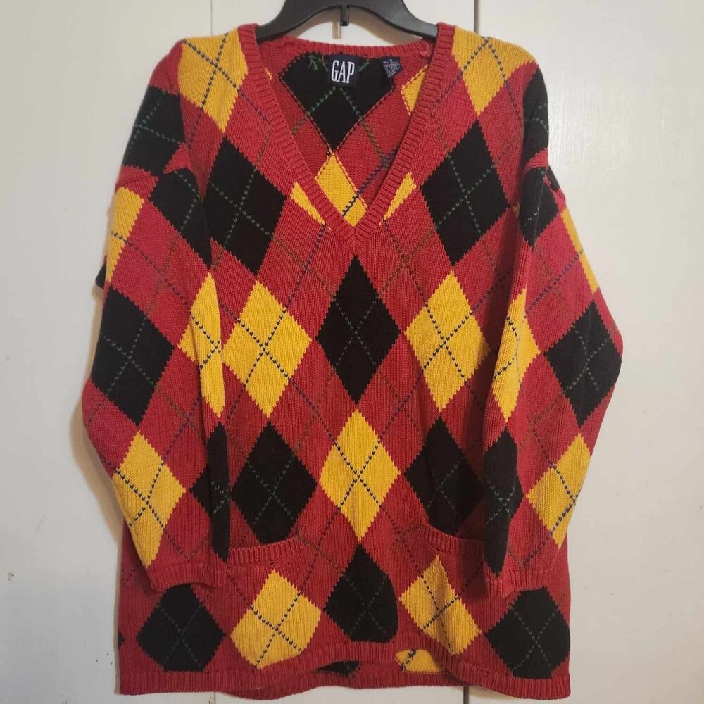 Vtg 90s Gap Medium Argyle Sweater Cotton Red Yellow Black V Neck Pocket Tunic M